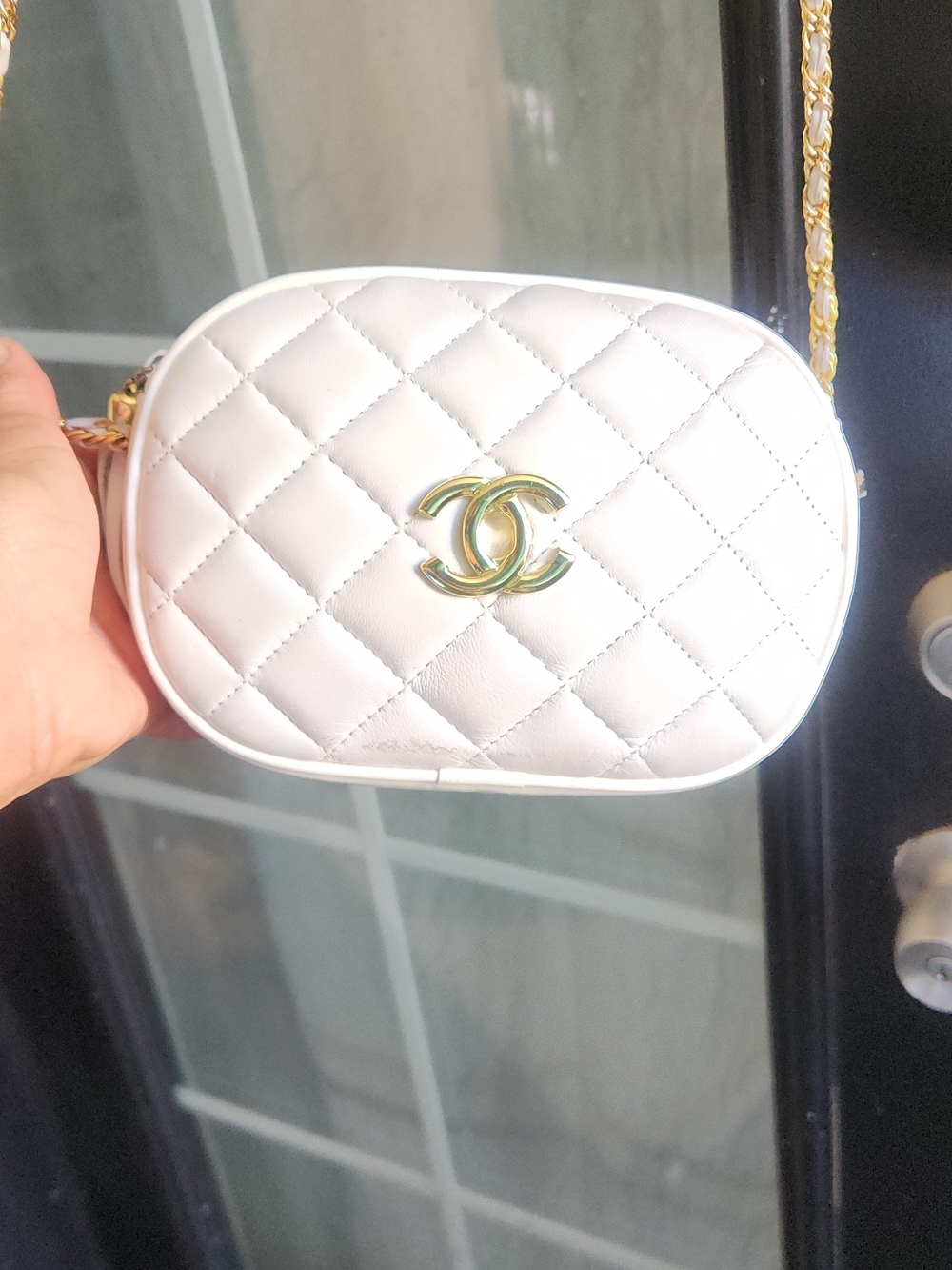 White Quilted Camera Bag with Gold Chain - Picture 7 of 10